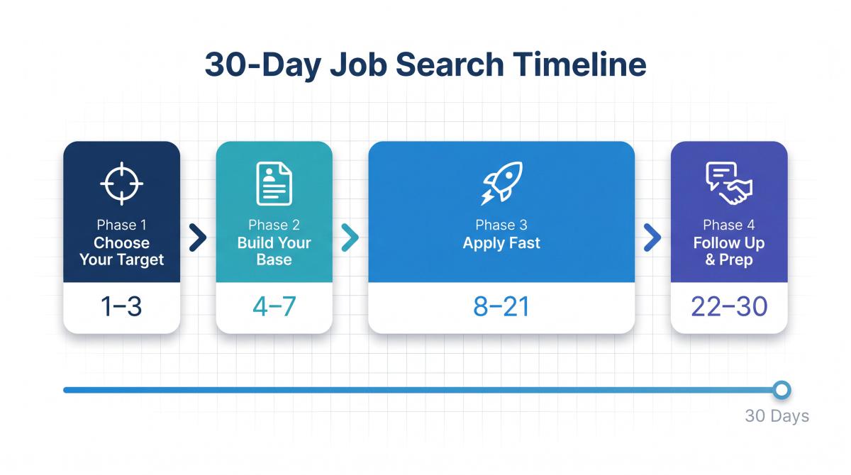 30-day job search plan timeline: four color-coded phases from targeting to interview prep for 2026 job seekers
