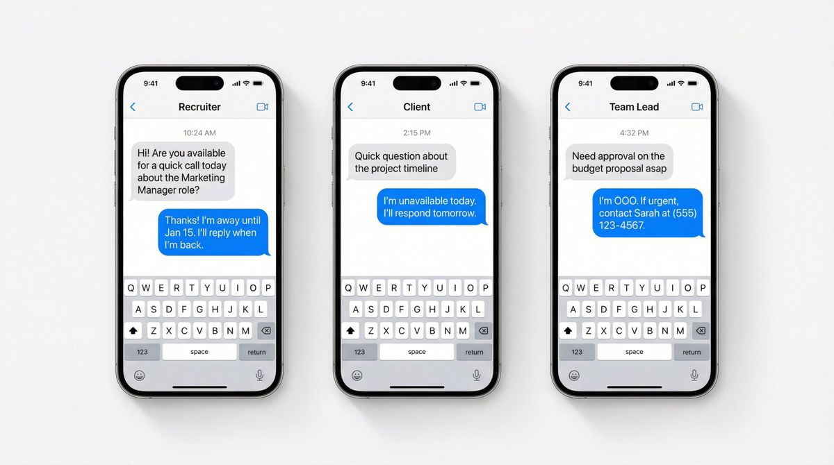 Three iPhone screens showing professional SMS out-of-office auto-reply examples for vacation, one-day absence, and urgent backup contact scenarios