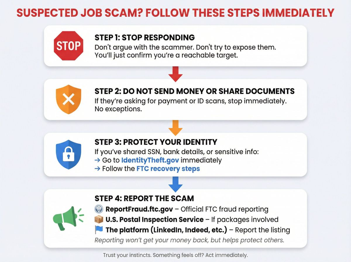 4-step emergency response flowchart for suspected job scams with reporting channels and identity protection guidance