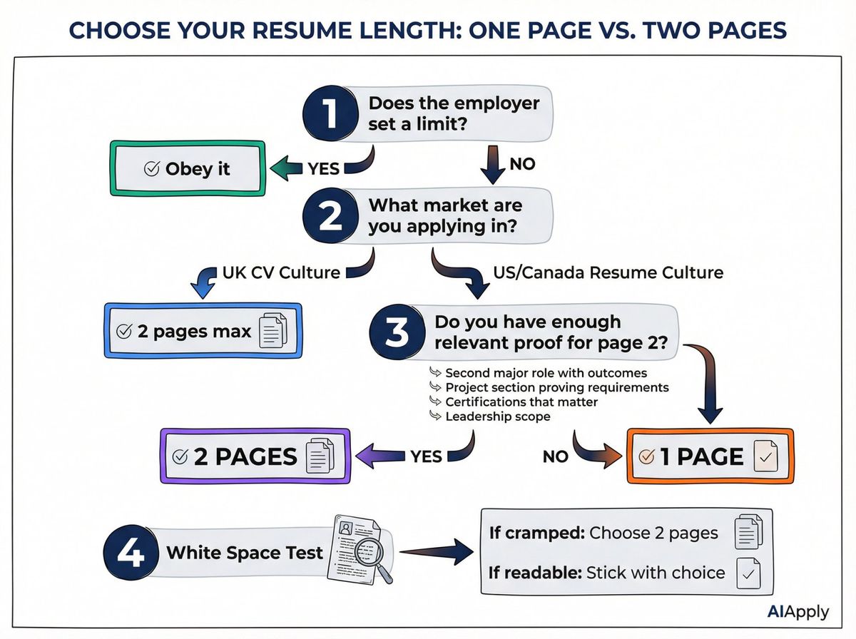 Decision flowchart showing 4 steps to choose between one-page and two-page resume format in under 3 minutes