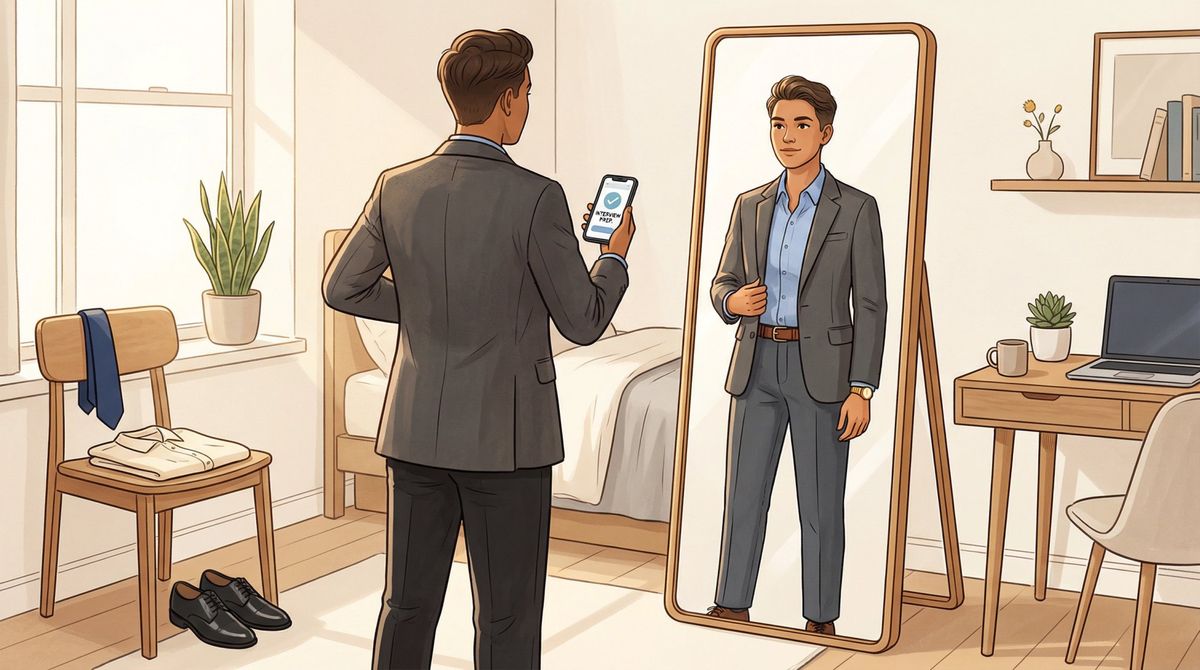 Professional confidently preparing interview outfit with mirror reflection showing polished business casual attire