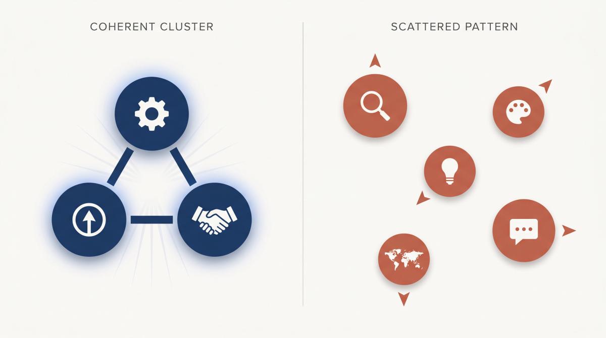 Split illustration comparing a tight coherent role cluster on the left versus scattered unrelated job applications on the right