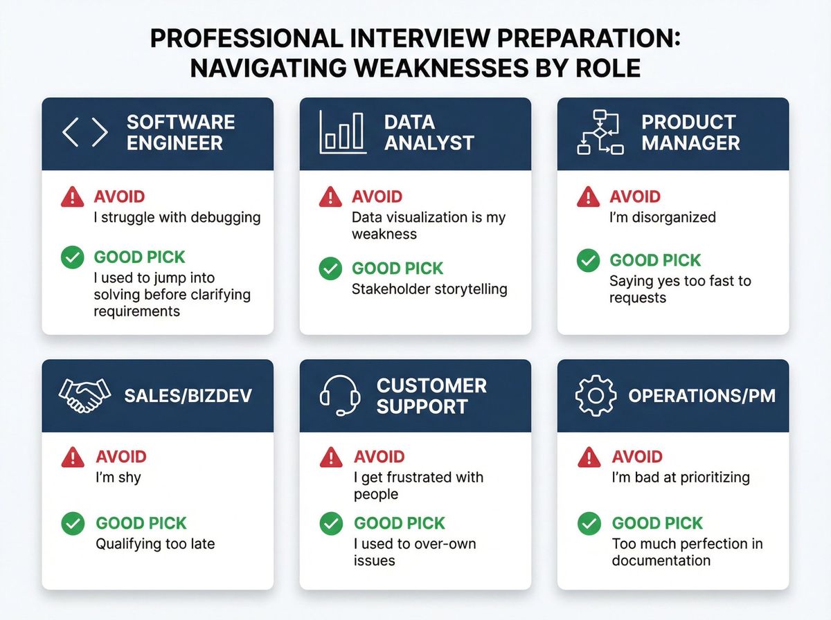 Six-panel grid showing safe weakness answers for different job roles including software engineer, data analyst, product manager, sales, customer support, and operations
