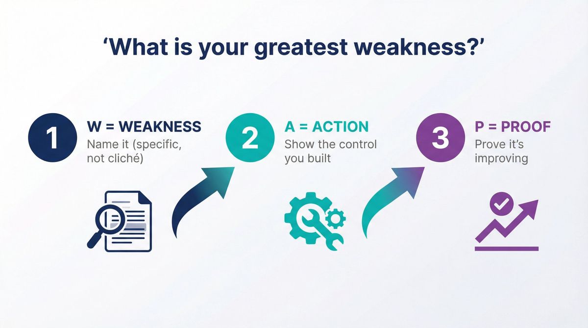 Three-step W-A-P framework diagram showing Weakness, Action, and Proof phases with arrows connecting each stage