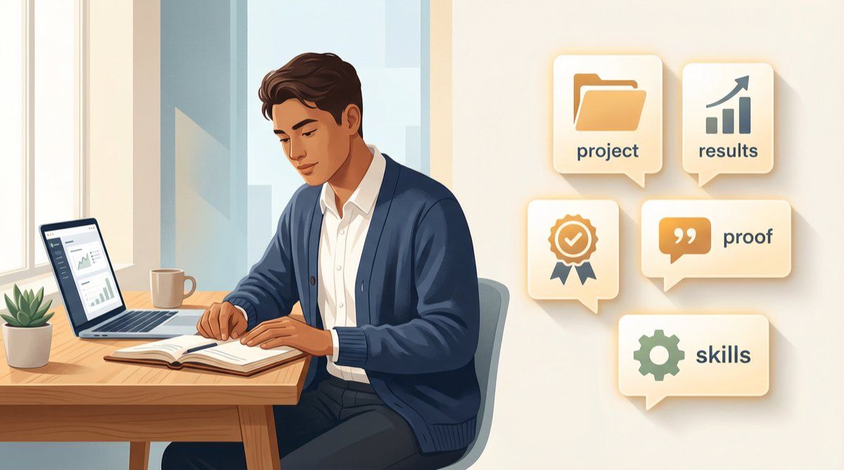 A confident job seeker building a proof-driven cover letter case at a modern desk, surrounded by tangible proof elements like project artifacts, skills icons, and portfolio pieces, representing the shift from 'no experience' to compelling evidence