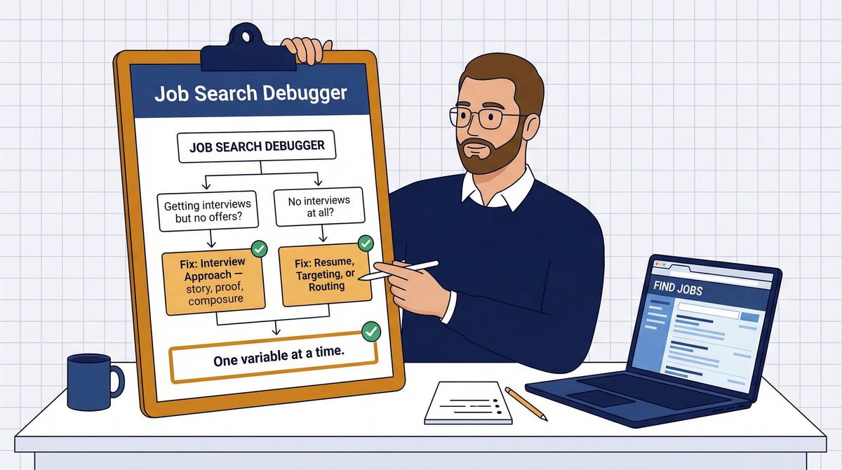 Editorial illustration of a job seeker using a diagnostic flowchart to debug their job search, isolating resume vs interview problems