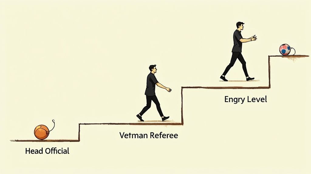 A referee reviewing a play on a tablet, highlighting the technology and professionalism involved.