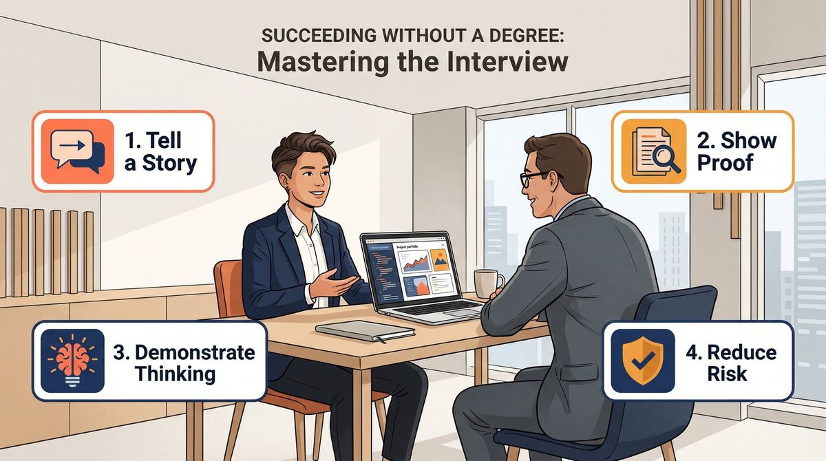 Confident job candidate presenting portfolio in interview with 4-part strategy: Story, Proof, Thinking, Reduce Risk