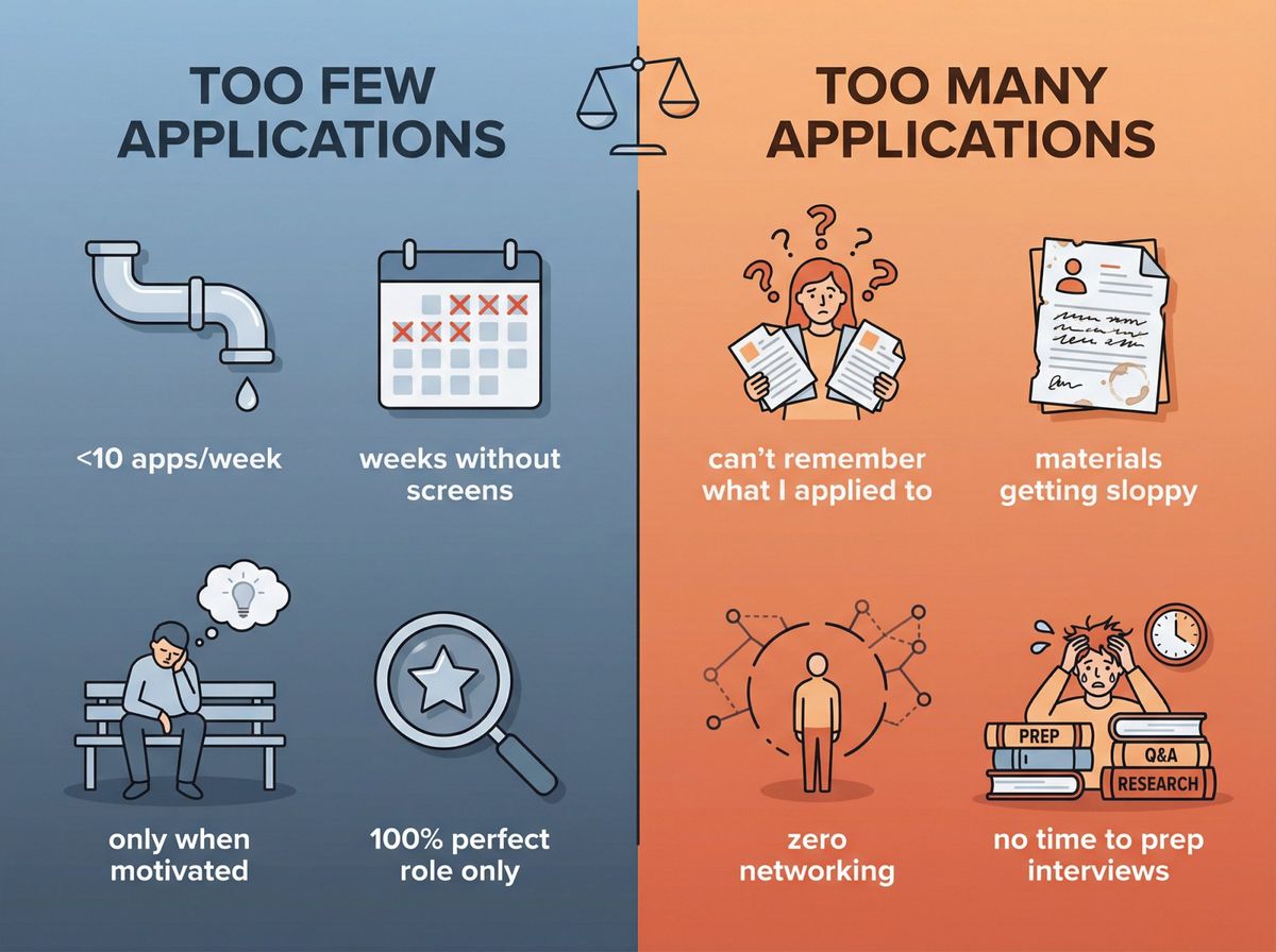 Split comparison showing warning signs of applying to too few jobs versus too many jobs per week