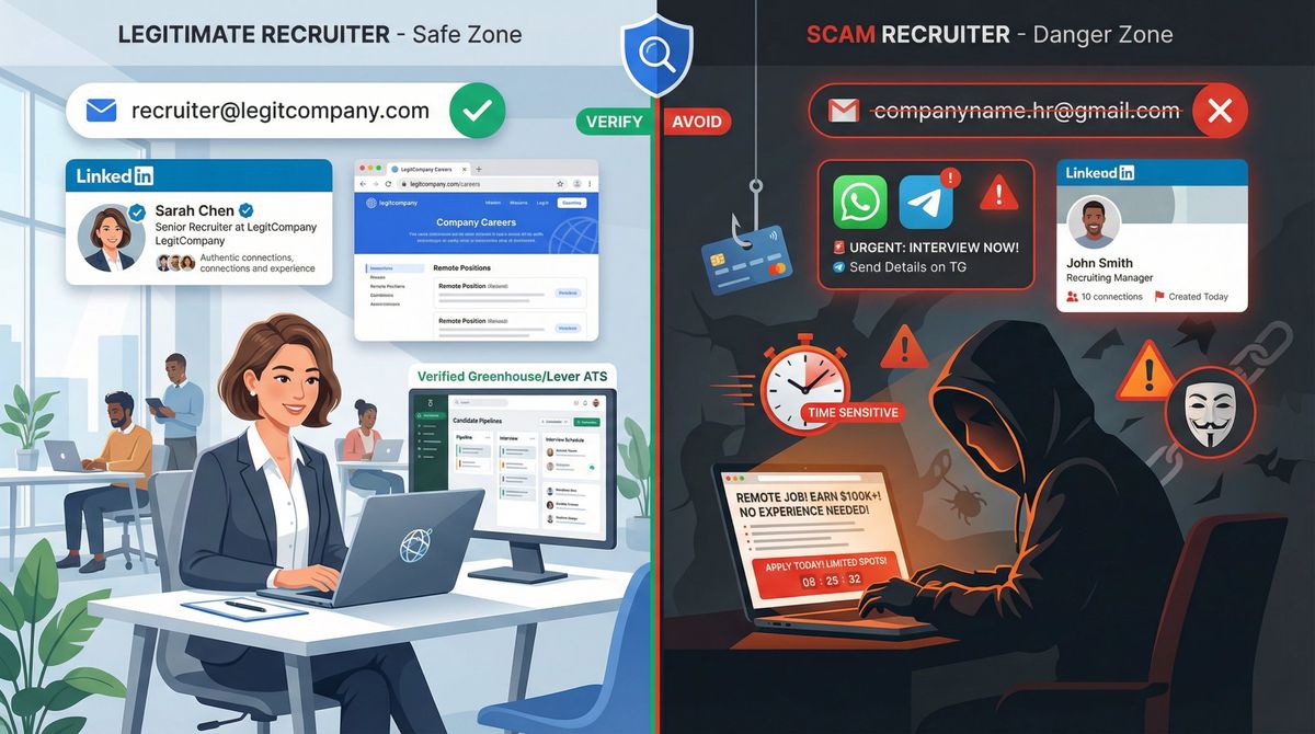 Editorial illustration contrasting legitimate recruiter with professional company email versus scam recruiter using personal email and messaging apps
