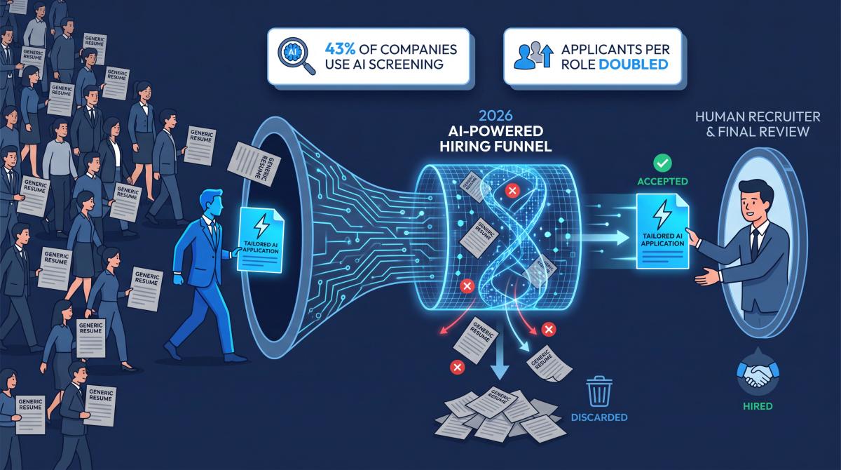 Editorial illustration of an AI-powered hiring funnel in 2026, showing how fast tailored applicants pass through while generic resumes are filtered out