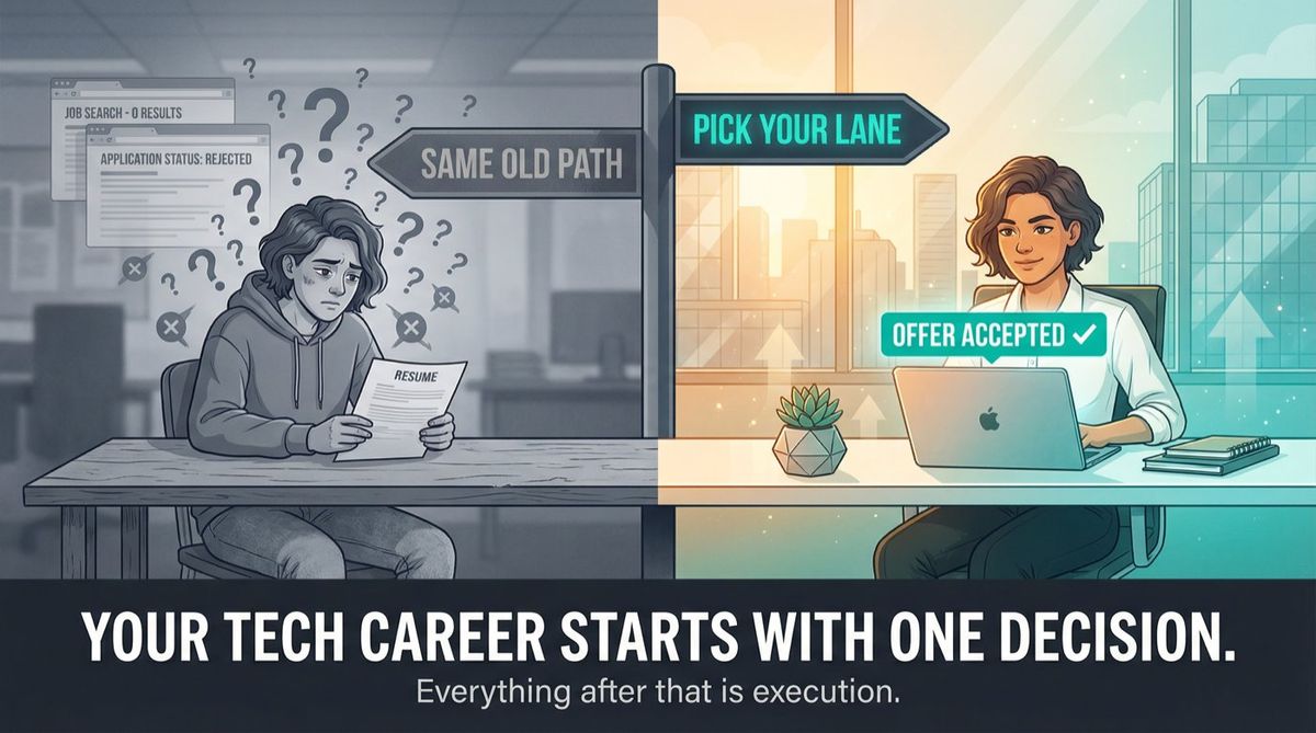 Split-panel illustration: job seeker uncertain on left, same person confidently accepting a tech job offer on right