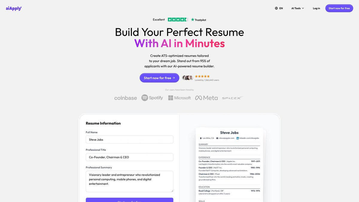 AIApply Resume Builder interface powered by GPT-4 showing AI-optimized resume creation with keyword scanning and ATS optimization