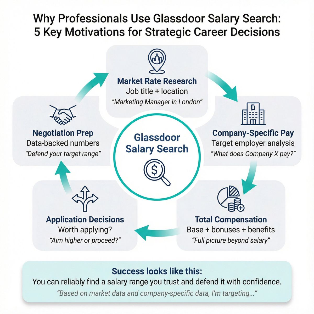 Circular flowchart showing five core motivations for Glassdoor salary research with connecting arrows and decision points