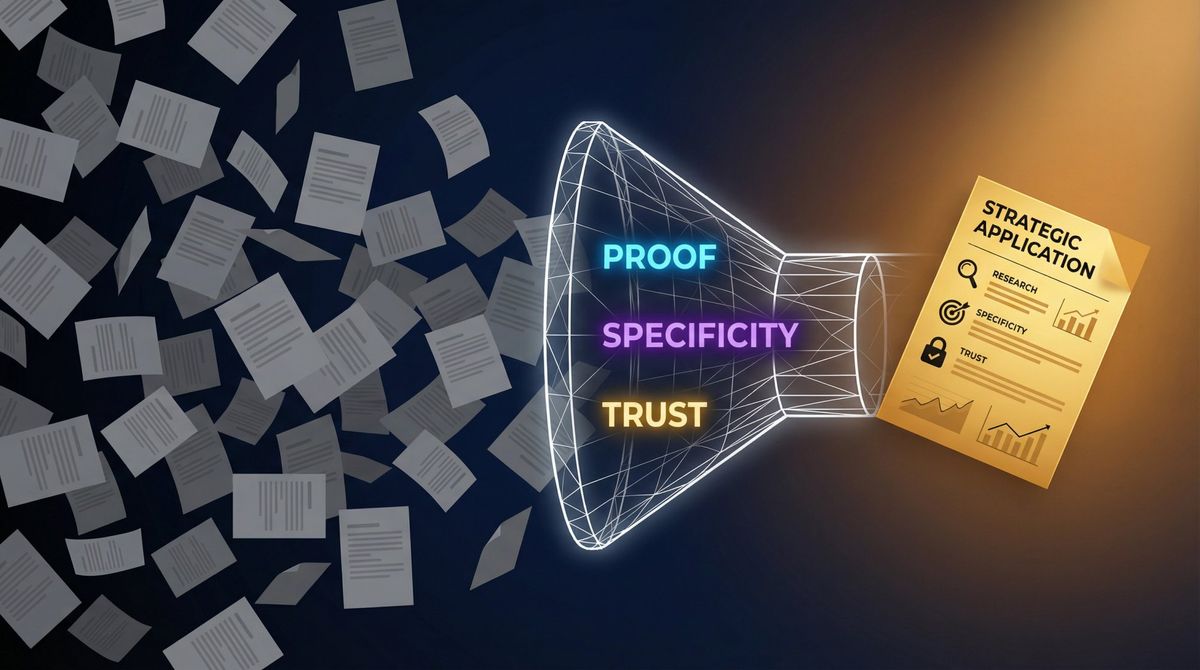 Visual metaphor showing strategic AI job search as a signal engine that cuts through application noise