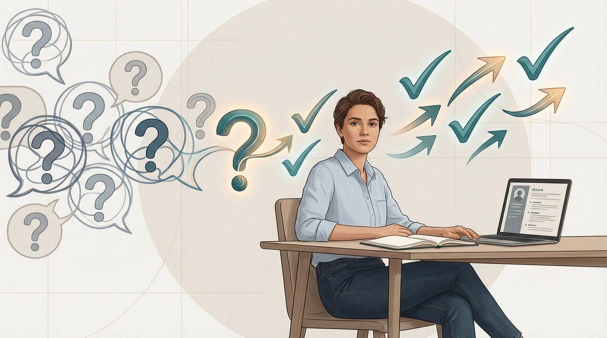 Editorial illustration of a job seeker at a desk with floating question marks transforming into clear directional answers and checkmarks