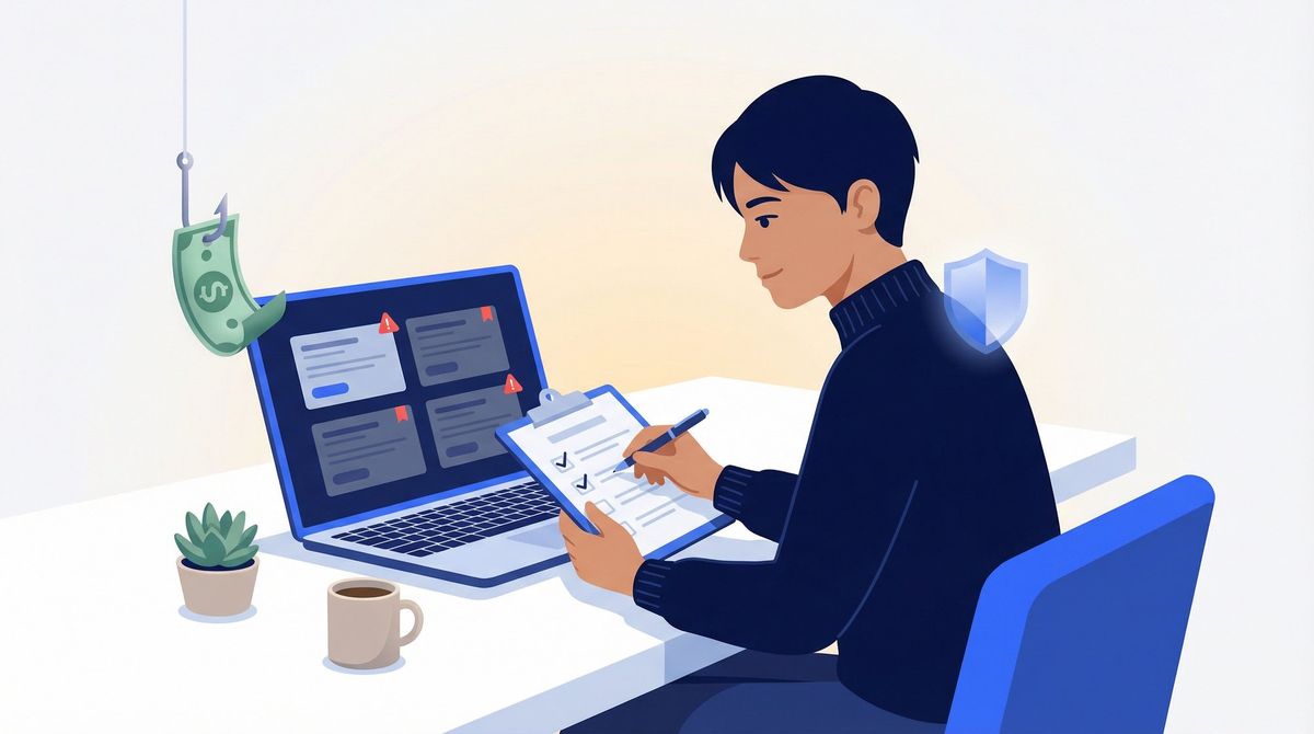 Job seeker confidently reviewing a checklist to identify and block job scams targeting desperate applicants