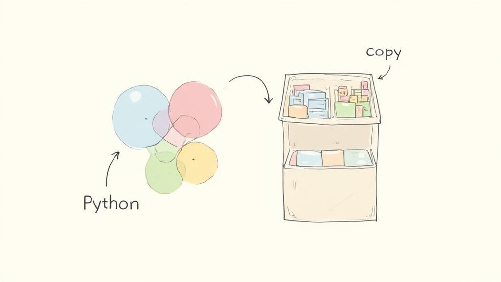 A visual diagram illustrating the difference between shallow copy and deep copy in Python.