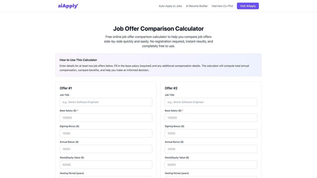 AIApply Job Offer Comparison Calculator tool interface for comparing salary, bonus, equity, PTO, and remote policy across multiple job offers