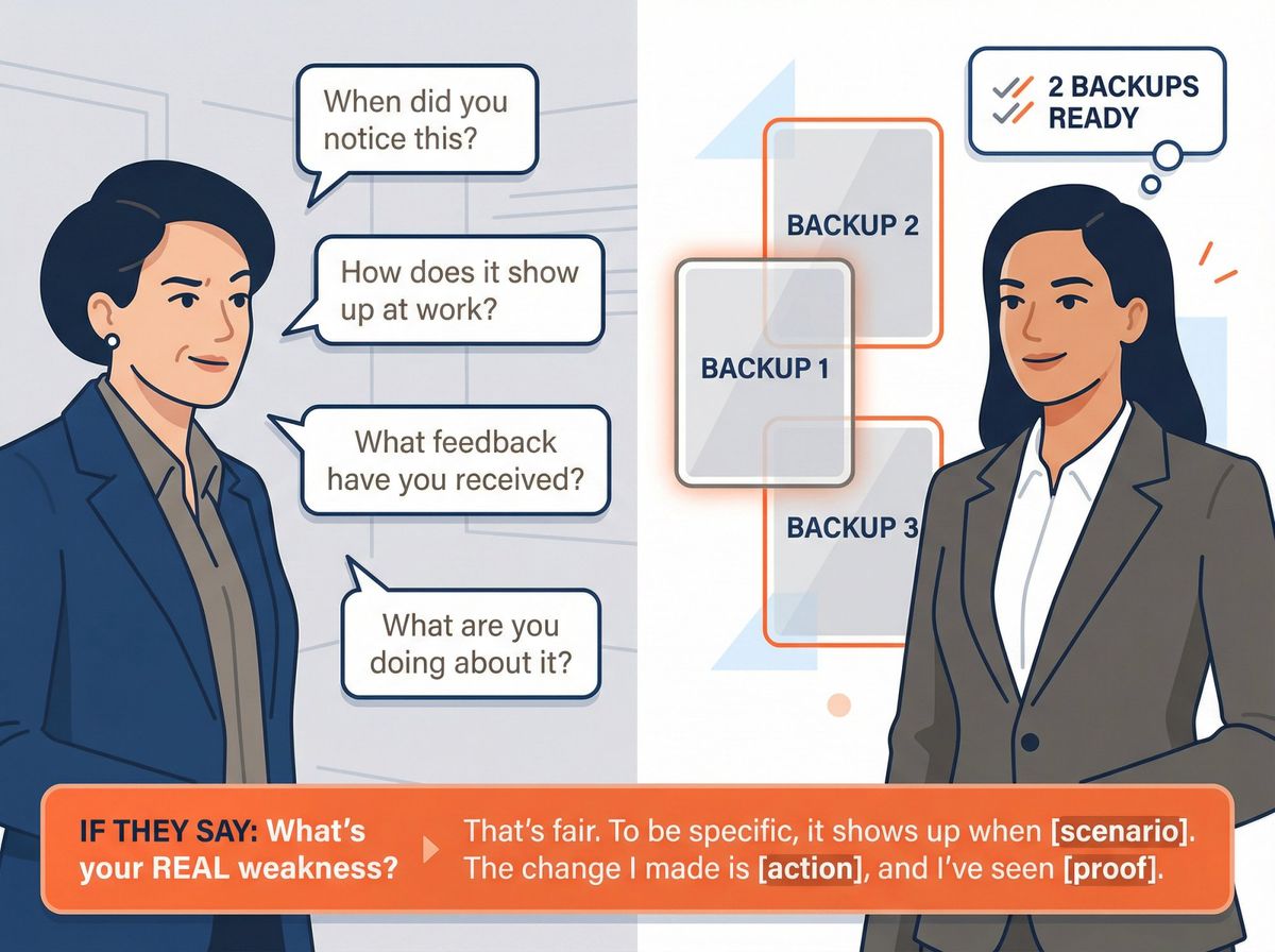 Split-panel illustration showing interviewer asking follow-up questions about weaknesses on left, prepared candidate with backup answers on right