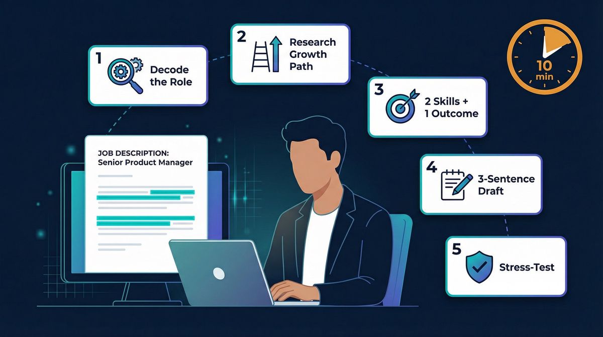5-step process for tailoring your 5-year answer in 10 minutes, illustrated as a modern workflow diagram