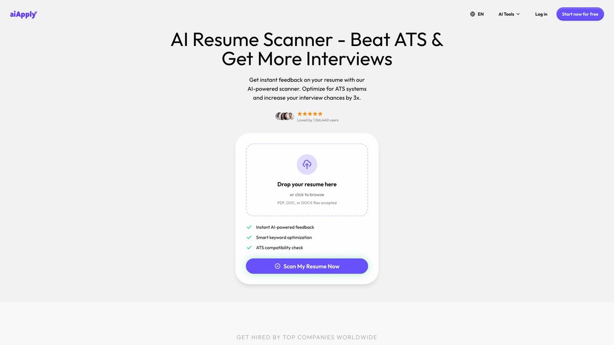 AIApply Resume Scanner showing ATS compatibility analysis with keyword optimization suggestions and formatting feedback