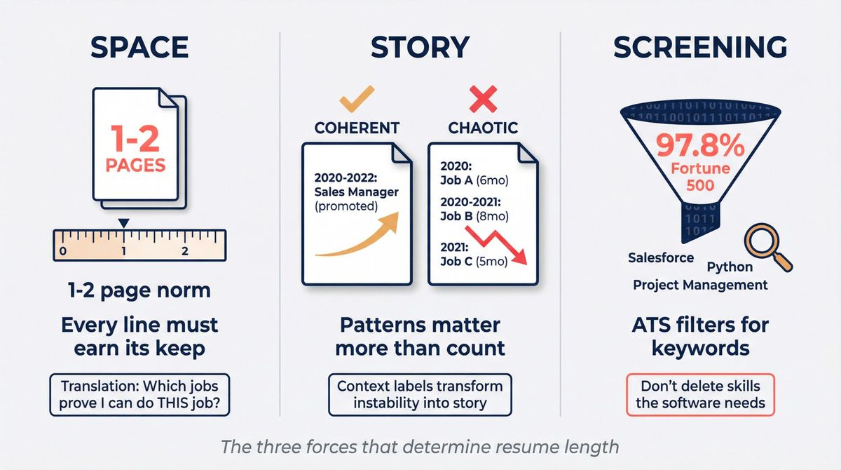 Visual breakdown of three key factors determining resume job count: Space (1-2 page limit), Story (pattern coherence), and Screening (ATS keyword requirements)