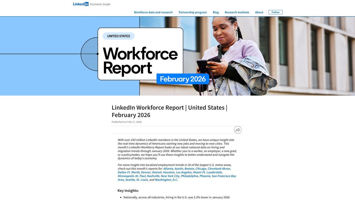 LinkedIn Economic Graph Workforce Report February 2026 showing US hiring declined 3.3% in January 2026 compared to December 2025