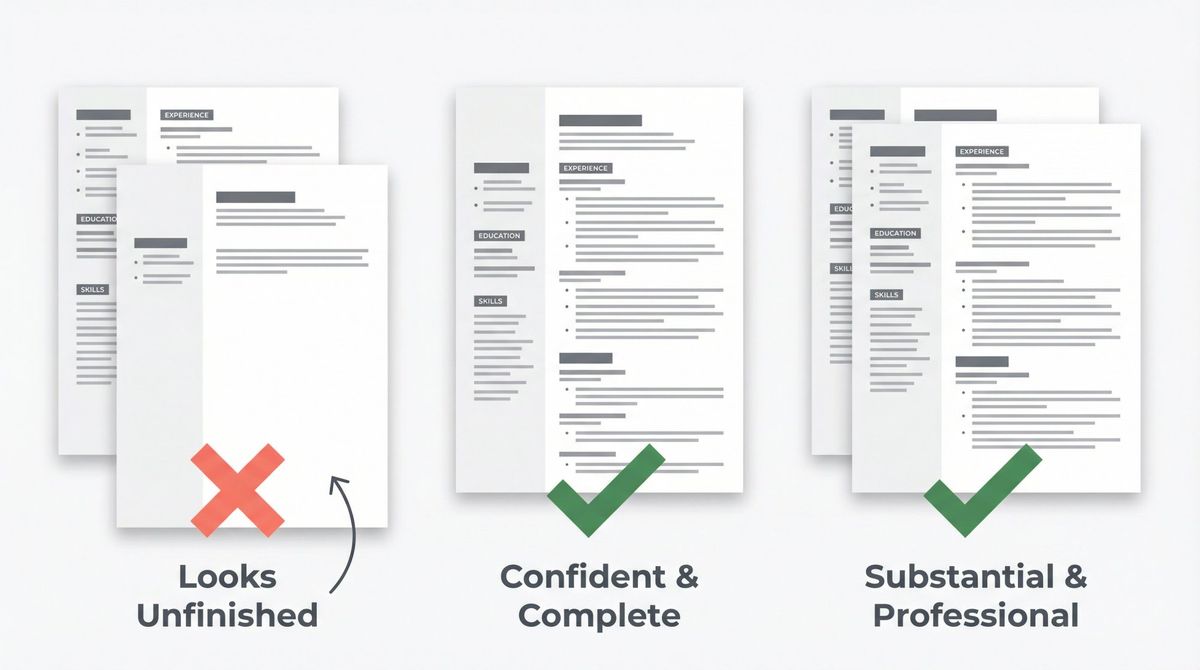 Side-by-side comparison showing three CV layouts: messy 1.5-page spill vs clean 1-page vs polished 2-page format