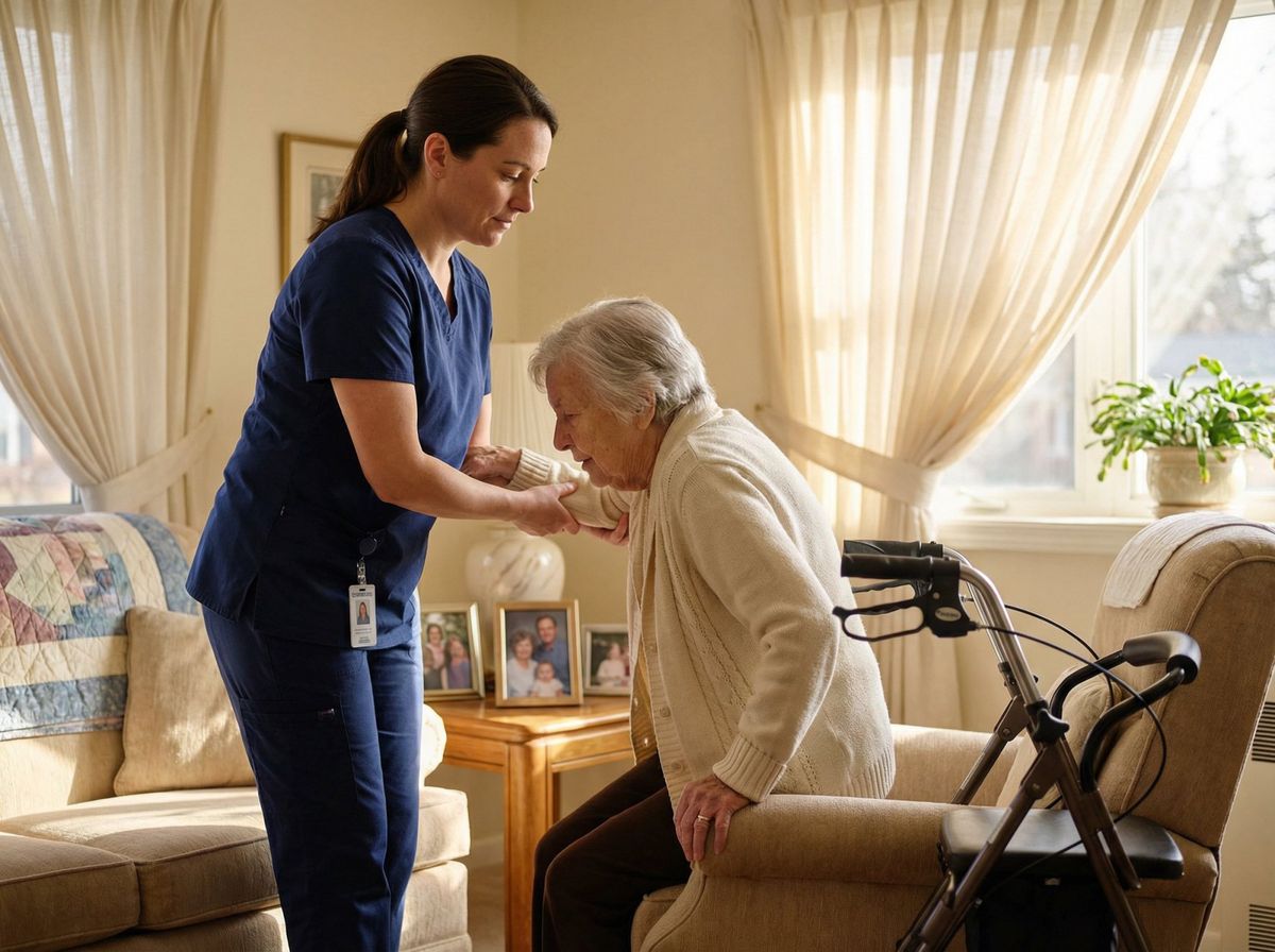 Professional home health aide assisting elderly patient with mobility in warm, sunlit living room