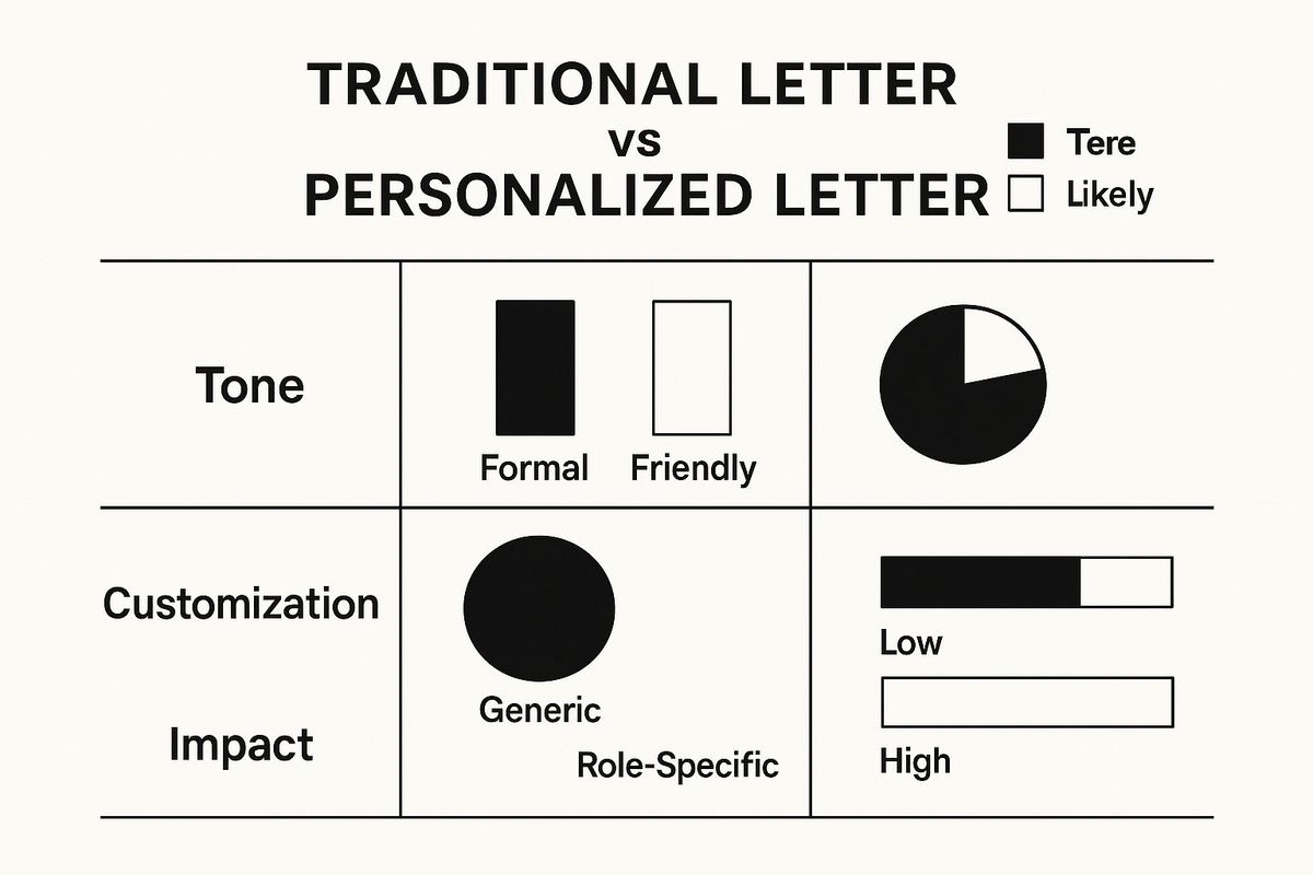 An infographic comparing a generic letter of introduction for a teaching job to a personalized one, highlighting that personalization leads to greater impact through a friendly tone and role-specific details.
