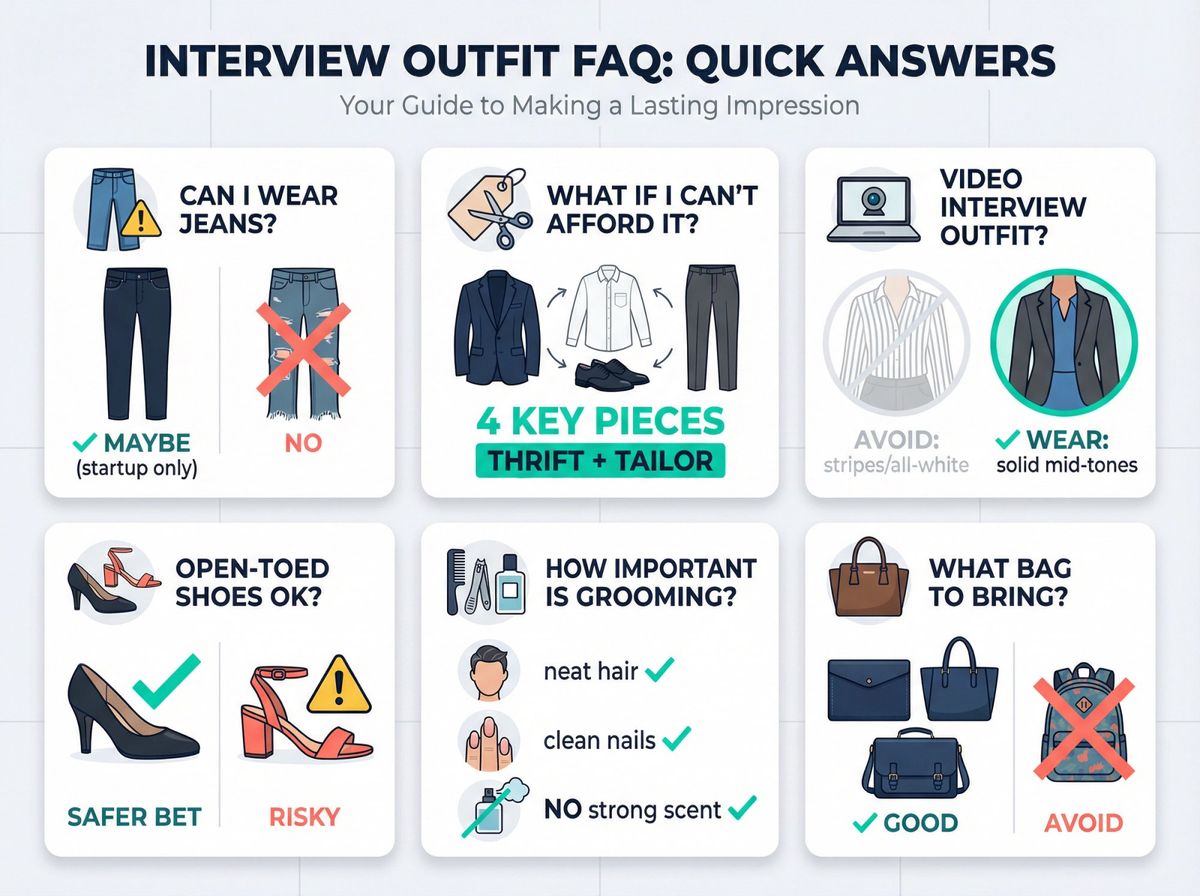 Visual quick-reference guide answering 6 common interview outfit questions with illustrated examples