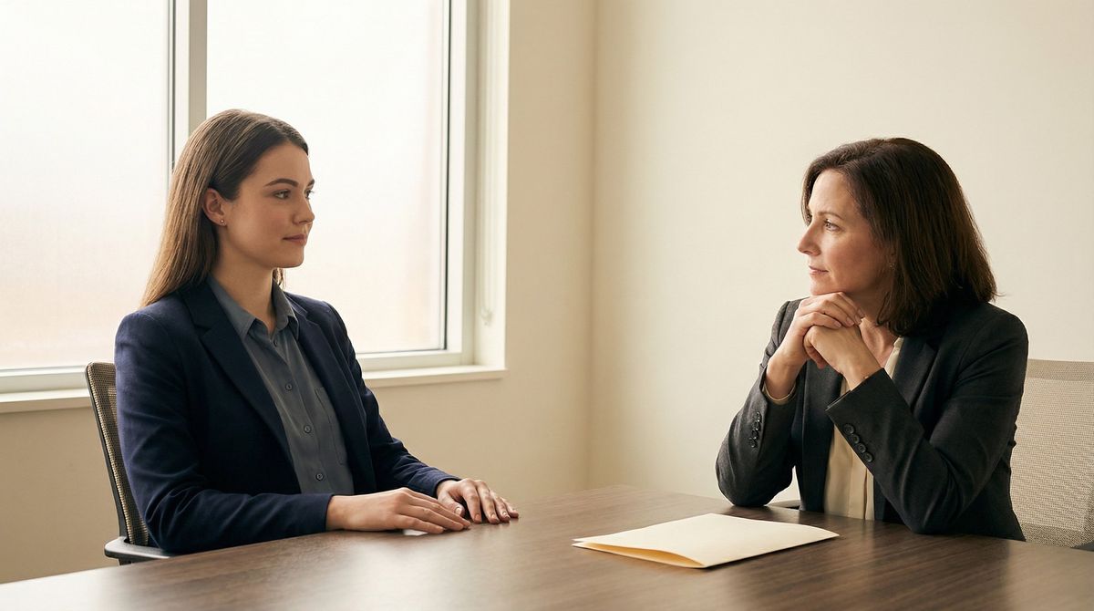 A composed professional sitting across from their manager in a modern office, calmly delivering their raise request with a one-page summary visible on the table