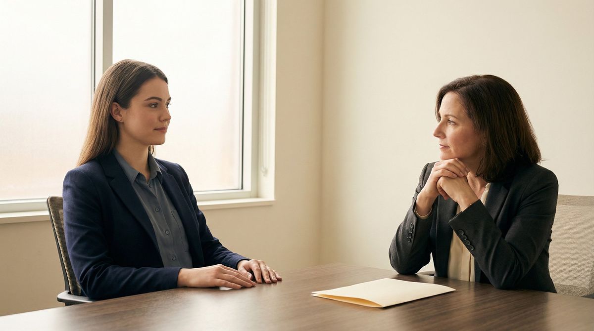 A composed professional sitting across from their manager in a modern office, calmly delivering their raise request with a one-page summary visible on the table