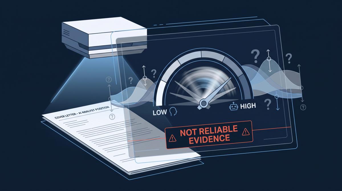 Editorial illustration showing an AI detection scanner producing wildly inconsistent, unreliable results on identical cover letter text