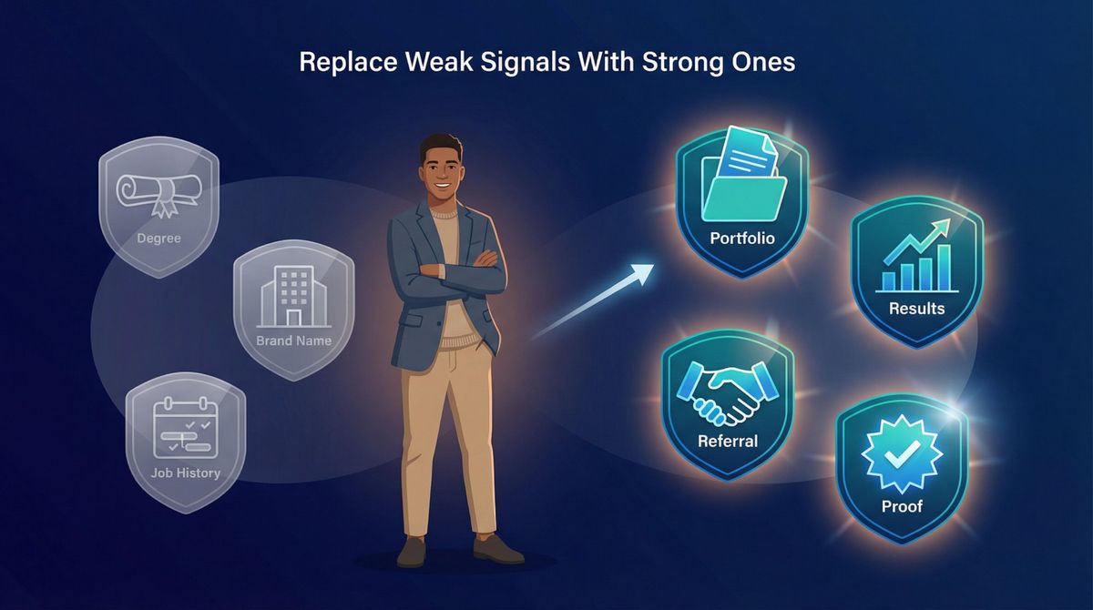 Editorial illustration showing hiring signals framework: faded weak signals versus glowing strong proof signals surrounding a job candidate