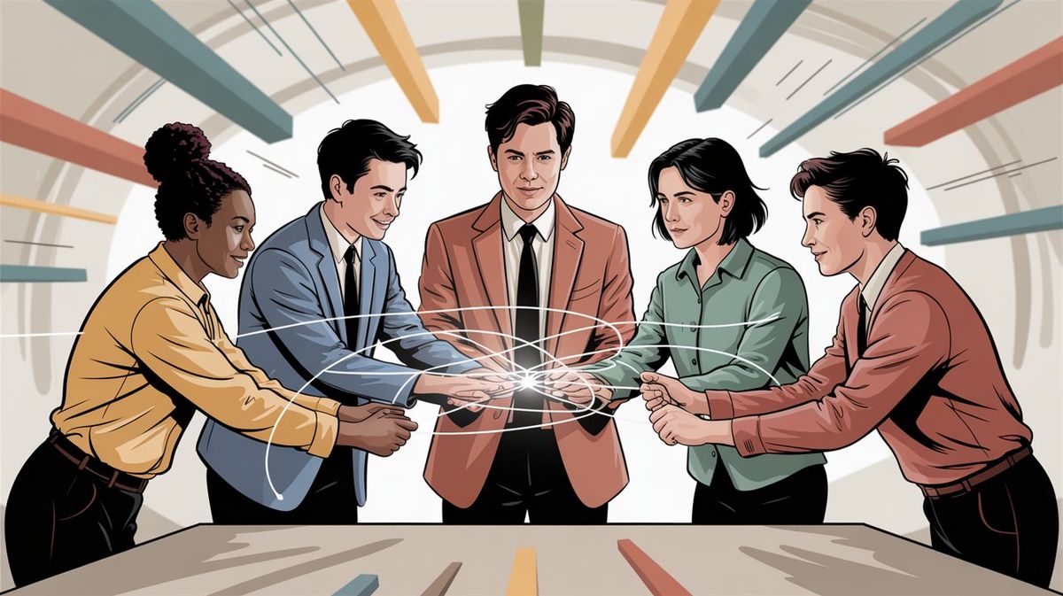 Hand-drawn illustration of five diverse professionals standing around a table collaborating on a digital holographic project display, with warm sunset light streaming through skylight windows, symbolizing effective teamwork and leadership