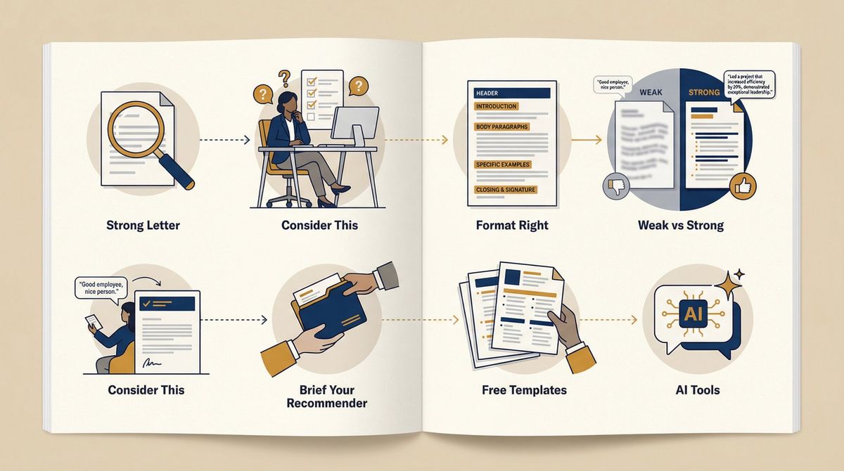 Editorial illustration showing the step-by-step roadmap for writing a strong letter of recommendation, covering structure, templates, and common mistakes