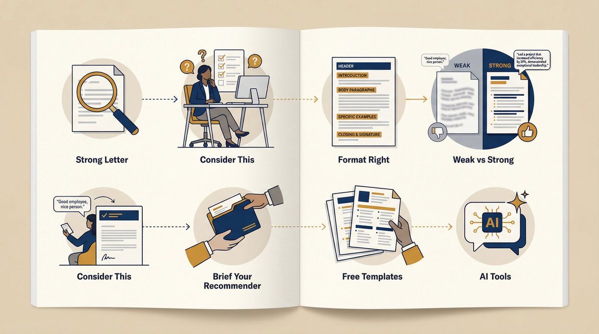 Editorial illustration showing the step-by-step roadmap for writing a strong letter of recommendation, covering structure, templates, and common mistakes