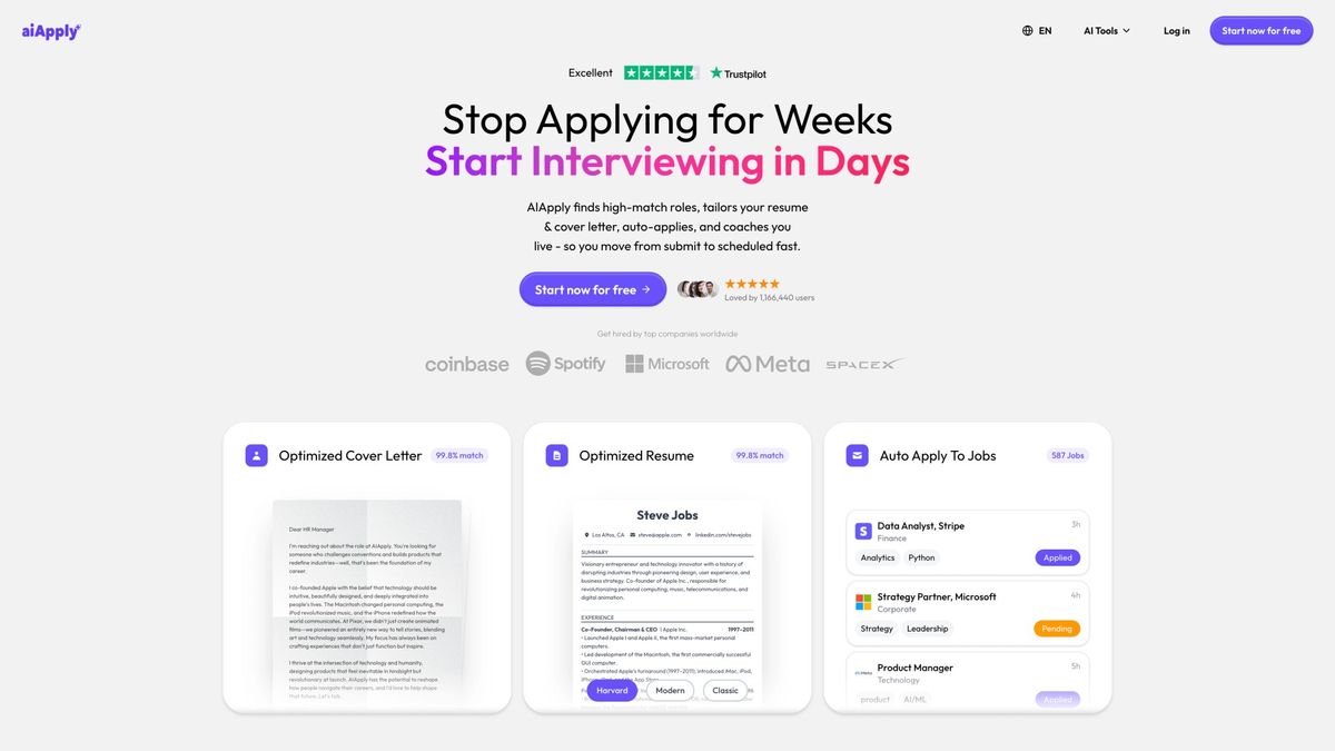 AIApply homepage showcasing job search automation platform with AI-powered resume building and application tracking