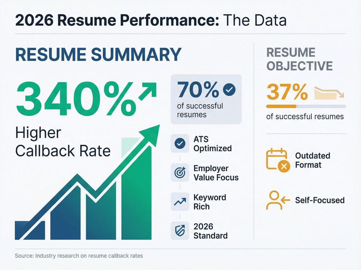 Data dashboard showing resume summaries achieve 340% higher callback rates than objectives in 2026, with supporting statistics