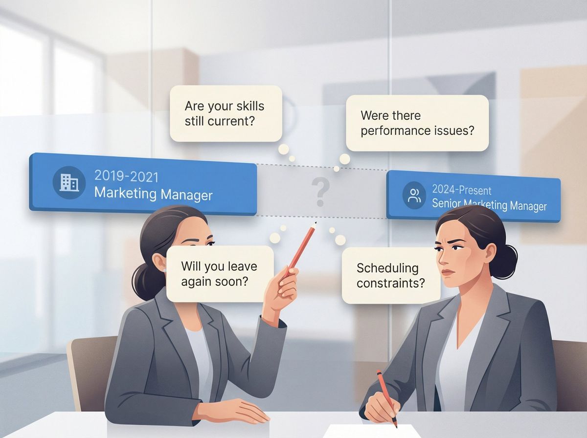 Illustration of a hiring manager reviewing a resume timeline with a visible career gap, surrounded by thought bubbles showing common employer concerns