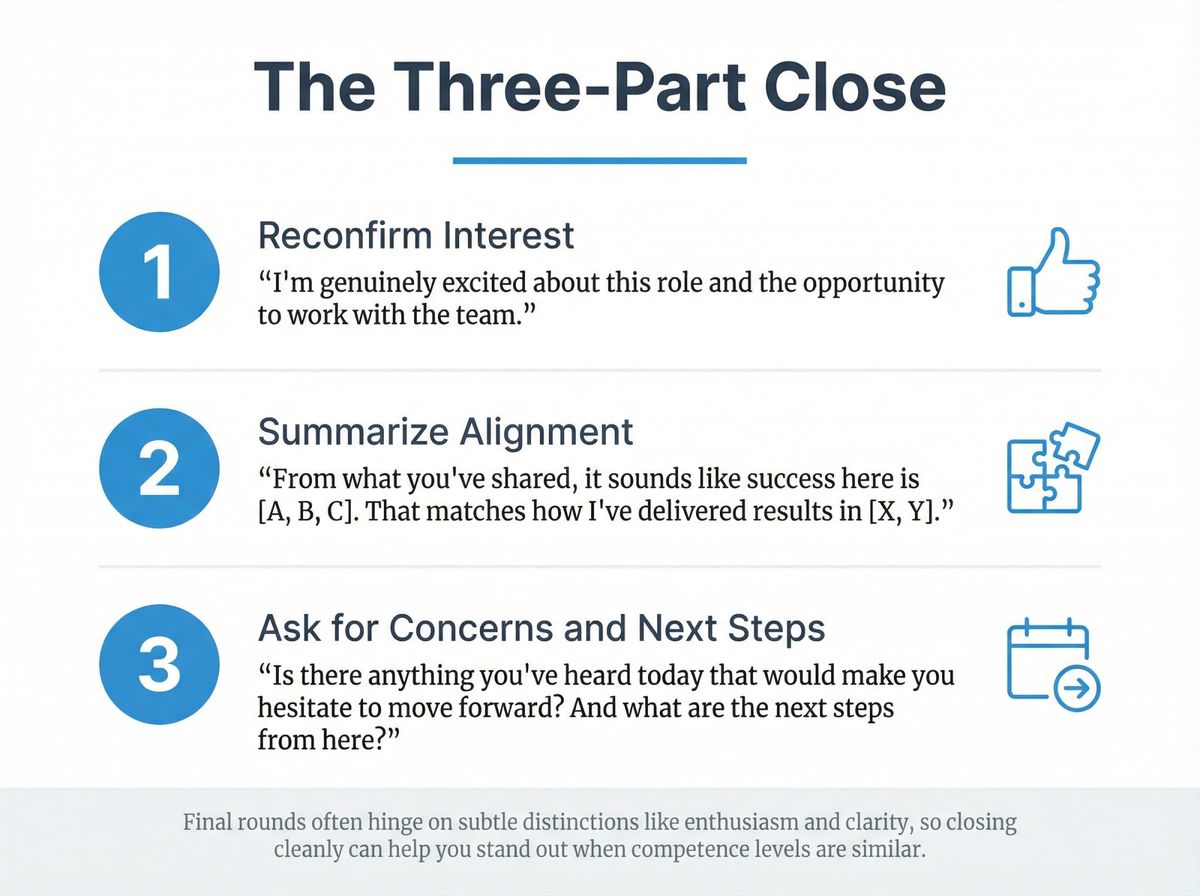 Clean infographic showing the three-part final interview closing framework with confident professional illustration