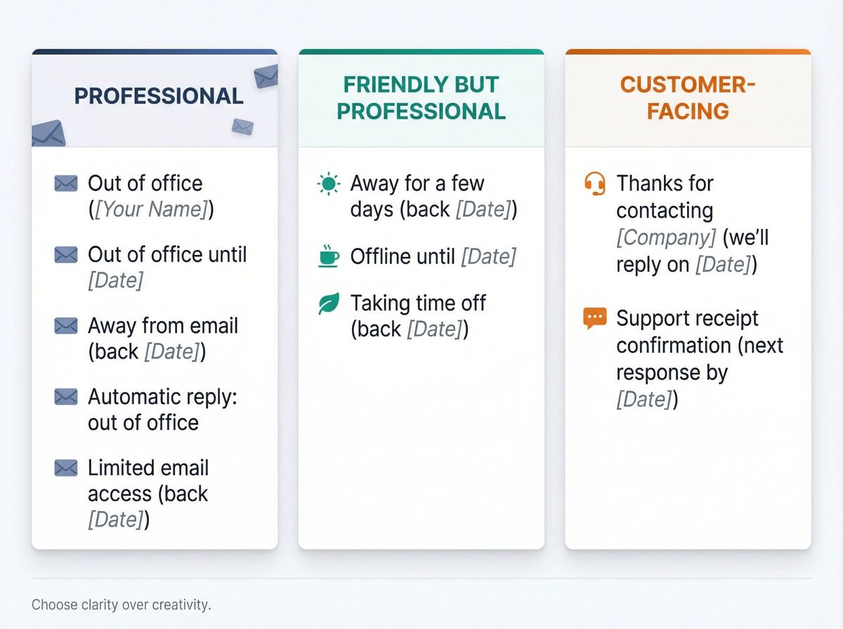 Professional out of office email subject line examples showing three categories with specific wording options