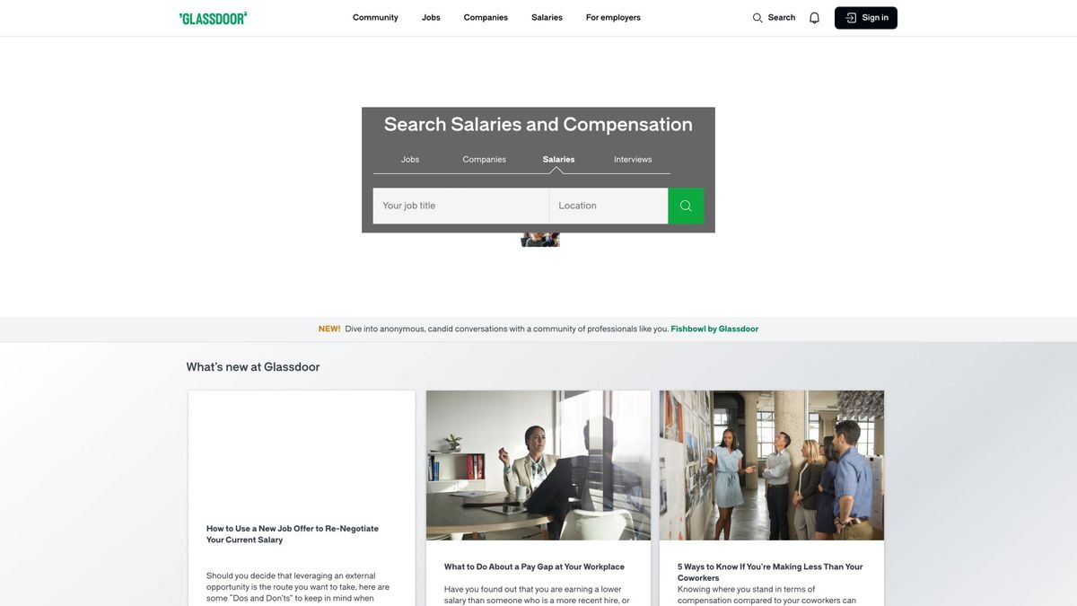 Glassdoor Know Your Worth calculator interface with input fields for title, company, location, and experience