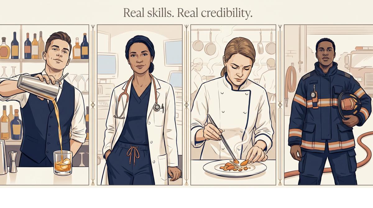Editorial illustration showing actors' real-world professional lives: bartender, nurse, firefighter, and chef, each a hidden casting asset