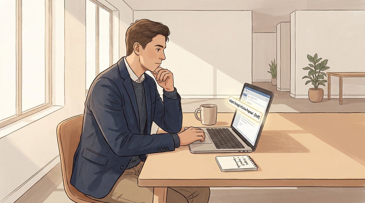 Professional at a desk composing a focused, prepared email to schedule a compensation discussion with their manager