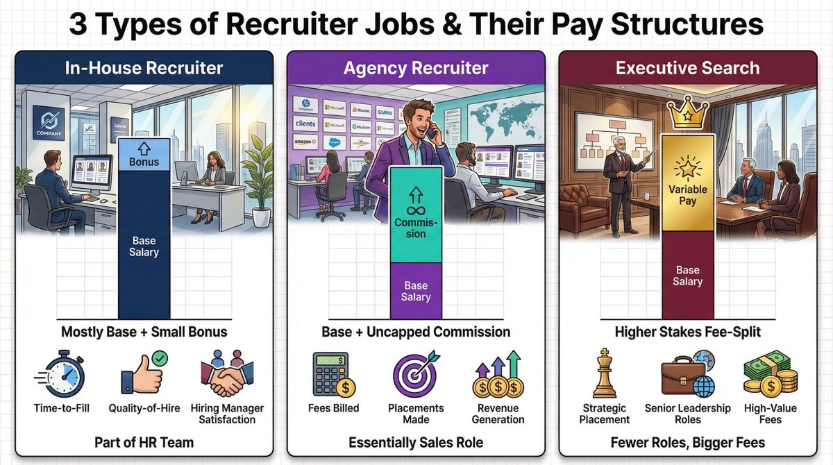 Visual comparison showing three recruiter types with different pay structures and compensation models