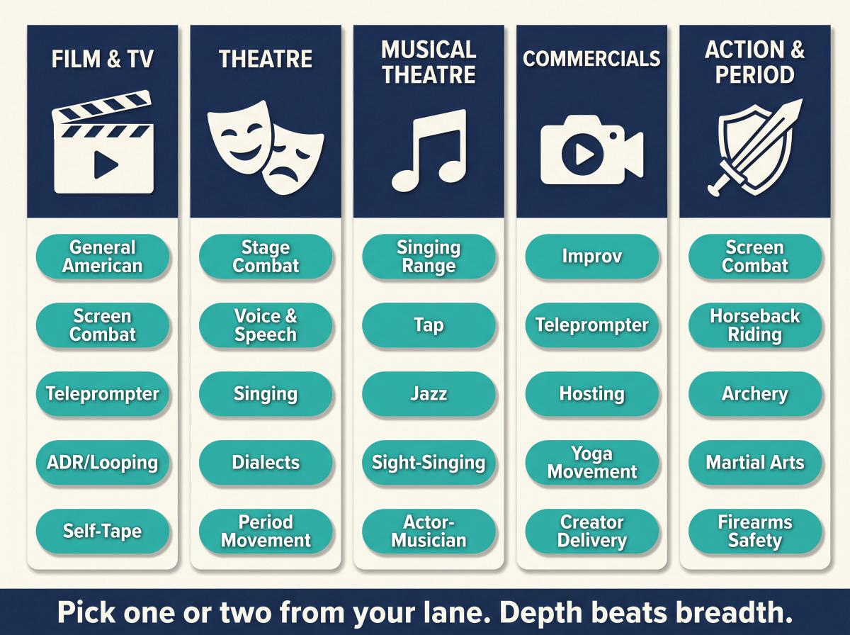 Editorial illustration of five acting casting lanes: film/TV, theatre, musical theatre, commercials, action, each with key special skills listed beneath a bold icon