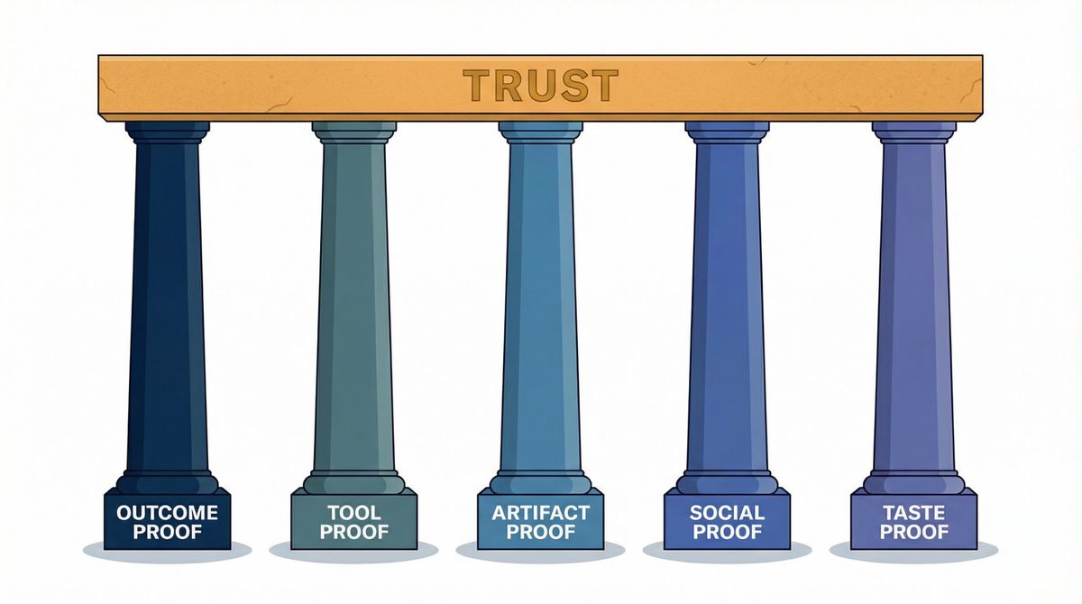 Five architectural pillars labeled with credibility proof types — Outcome, Tool, Artifact, Social, and Taste — supporting a TRUST arch above